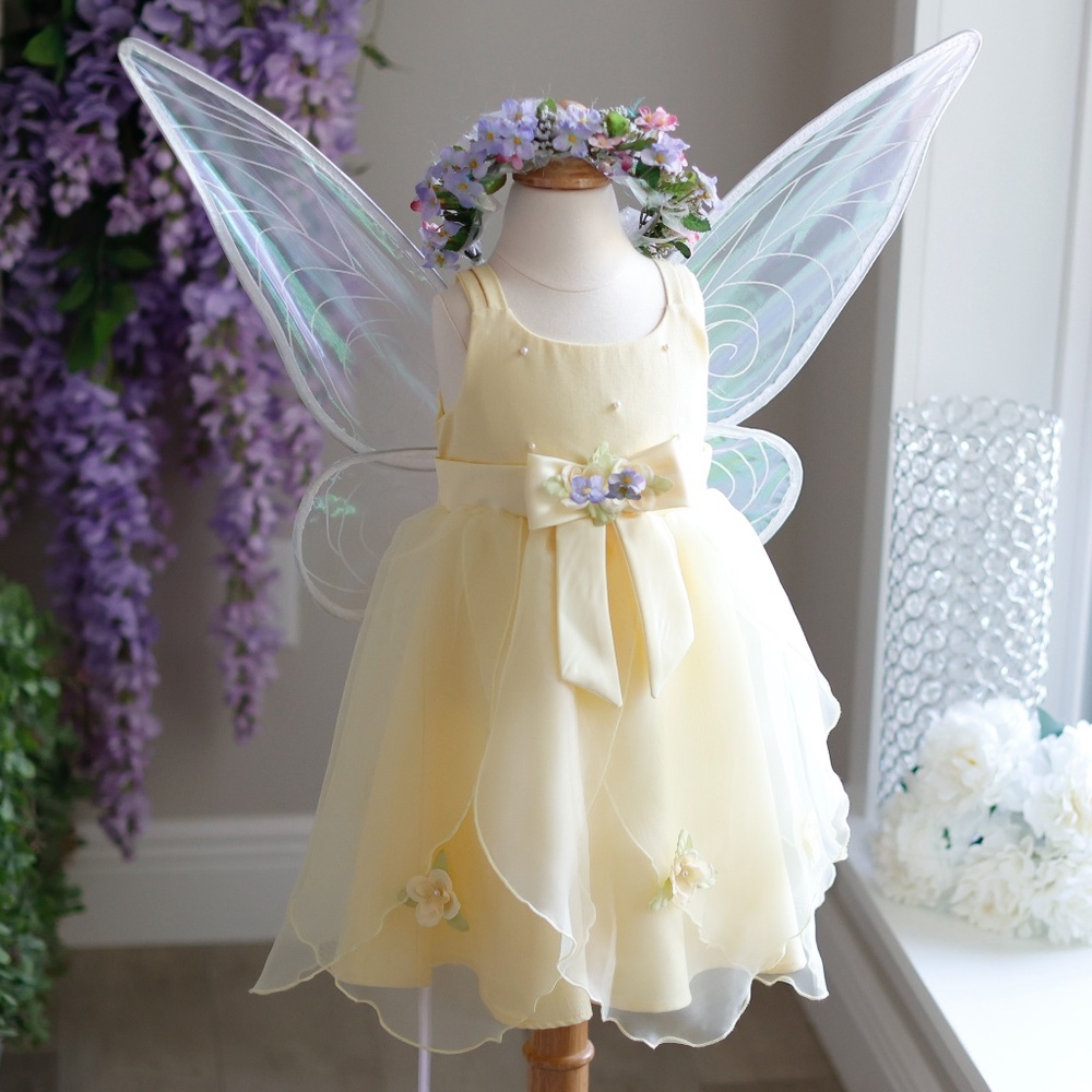 New Yellow Fairy Pixie OR Special Occasion Dress w/ Wings Floral Halo size 3T